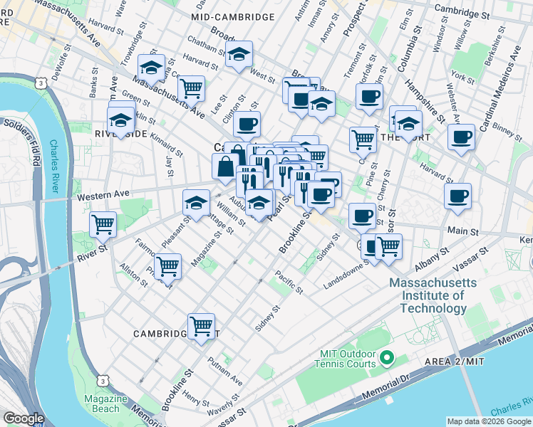 map of restaurants, bars, coffee shops, grocery stores, and more near 71 Pearl Street in Cambridge