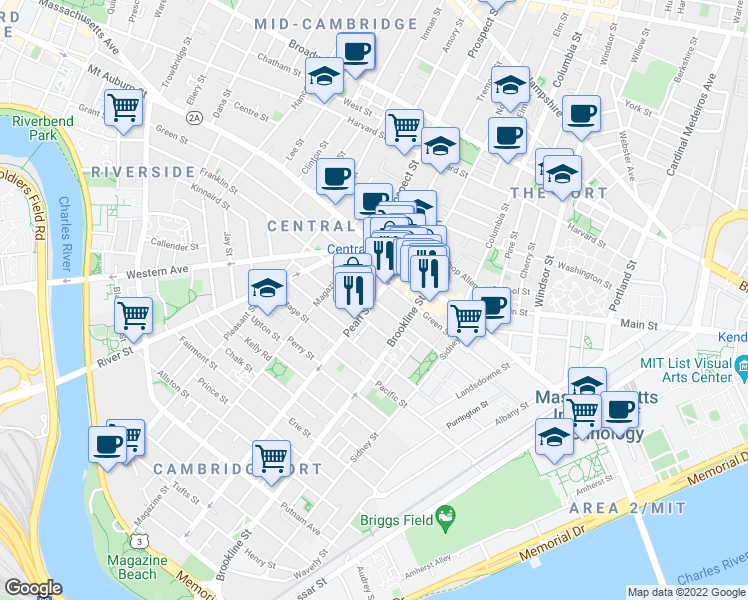 map of restaurants, bars, coffee shops, grocery stores, and more near Pearl Street & Franklin Street in Cambridge