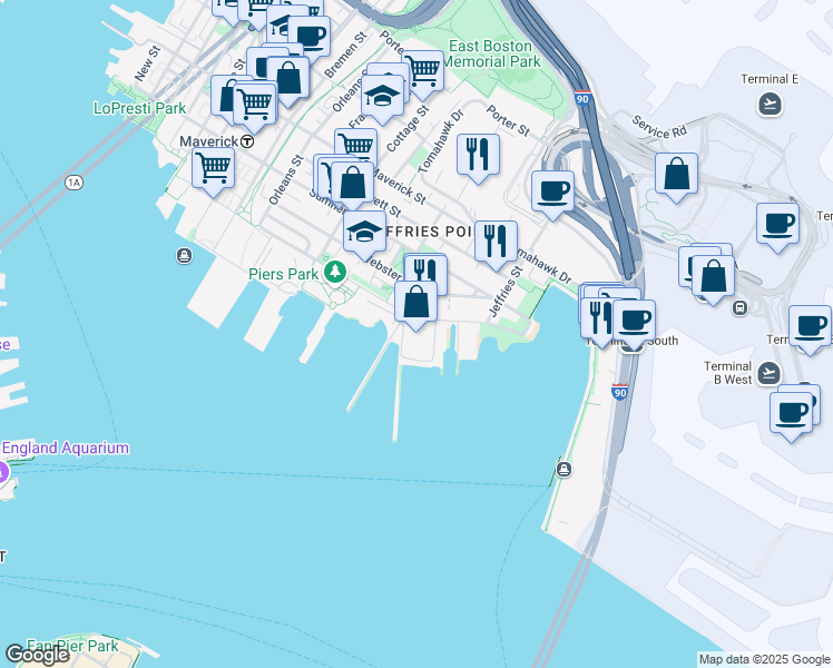 map of restaurants, bars, coffee shops, grocery stores, and more near 257 Marginal Street in Boston