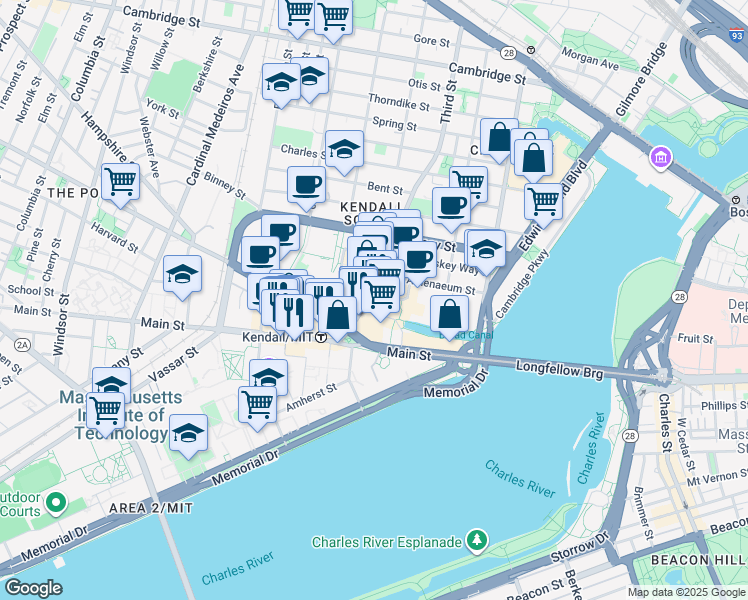 map of restaurants, bars, coffee shops, grocery stores, and more near 350 Third Street in Cambridge