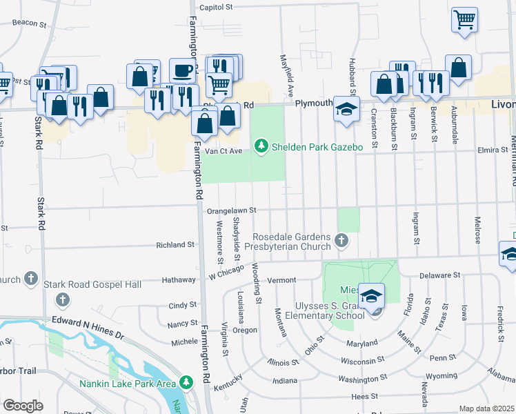 map of restaurants, bars, coffee shops, grocery stores, and more near 9900 Woodring Street in Livonia