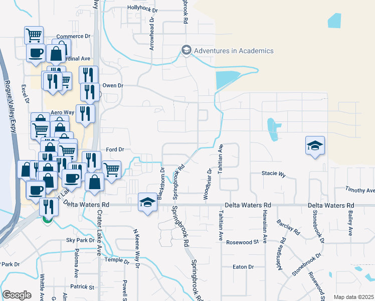 map of restaurants, bars, coffee shops, grocery stores, and more near 3185 Springbrook Road in Medford