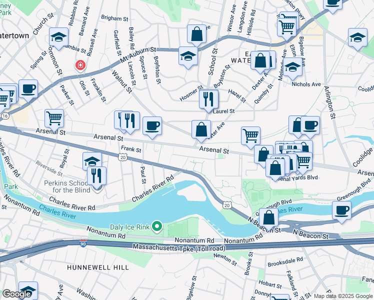 map of restaurants, bars, coffee shops, grocery stores, and more near 395 Arsenal Street in Watertown