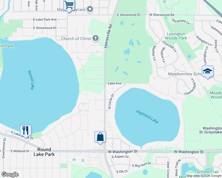 map of restaurants, bars, coffee shops, grocery stores, and more near 34419 North Circle Drive in Round Lake