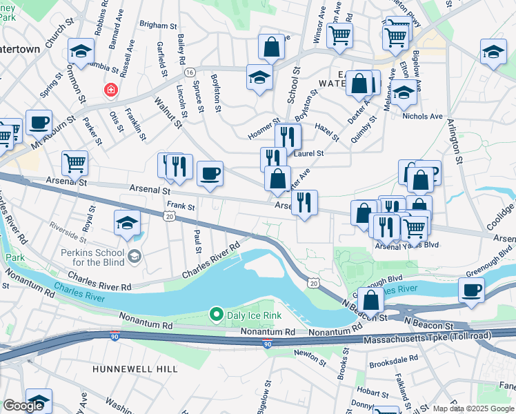 map of restaurants, bars, coffee shops, grocery stores, and more near 395 Arsenal Street in Watertown