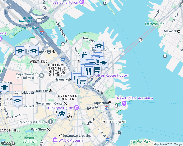 map of restaurants, bars, coffee shops, grocery stores, and more near in Boston