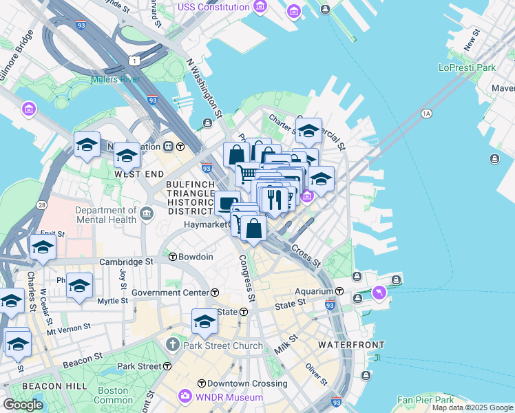 map of restaurants, bars, coffee shops, grocery stores, and more near 36 Salem Street in Boston