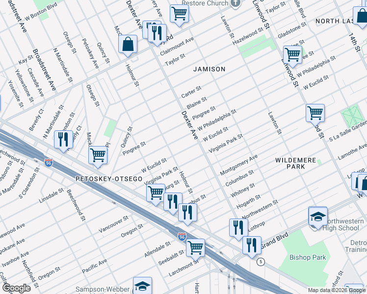 map of restaurants, bars, coffee shops, grocery stores, and more near 3799 West Euclid Street in Detroit