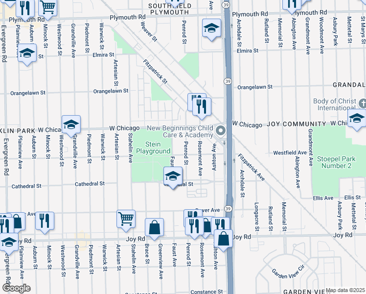 map of restaurants, bars, coffee shops, grocery stores, and more near 9331 Penrod Street in Detroit