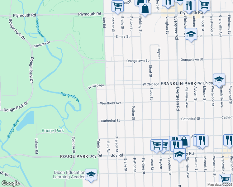 map of restaurants, bars, coffee shops, grocery stores, and more near 9362 Pierson Street in Detroit
