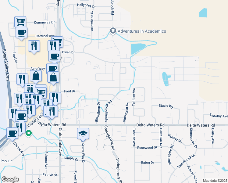 map of restaurants, bars, coffee shops, grocery stores, and more near 3185 Springbrook Road in Medford