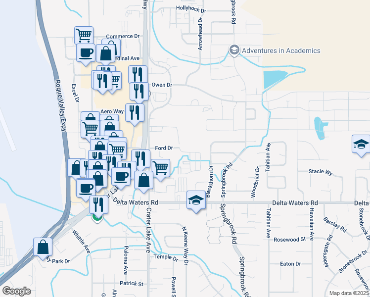 map of restaurants, bars, coffee shops, grocery stores, and more near 3165 Juniper Ridge Drive in Medford