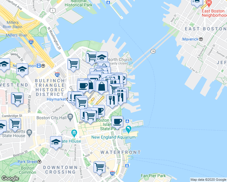 map of restaurants, bars, coffee shops, grocery stores, and more near in Boston