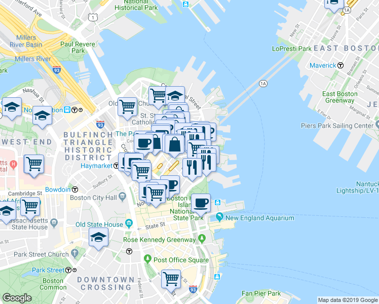 map of restaurants, bars, coffee shops, grocery stores, and more near in Boston
