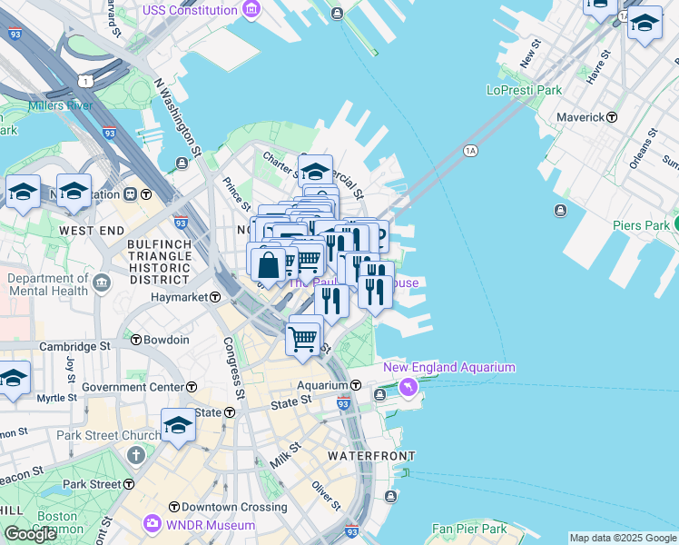 map of restaurants, bars, coffee shops, grocery stores, and more near 1 Commercial Wharf West in Boston
