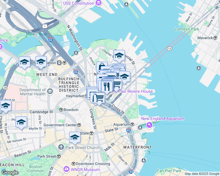 map of restaurants, bars, coffee shops, grocery stores, and more near 252 Hanover Street in Boston