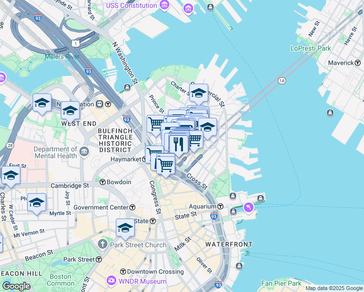 map of restaurants, bars, coffee shops, grocery stores, and more near 252 Hanover Street in Boston