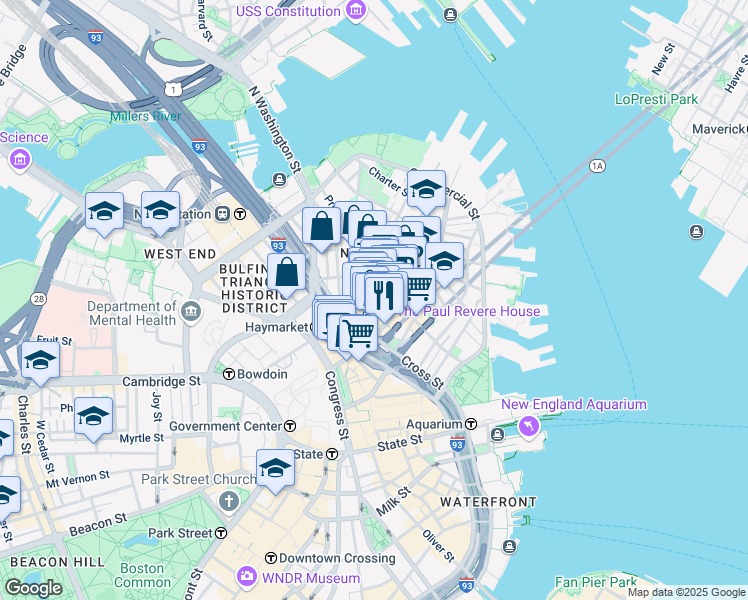 map of restaurants, bars, coffee shops, grocery stores, and more near 36 Salem Street in Boston