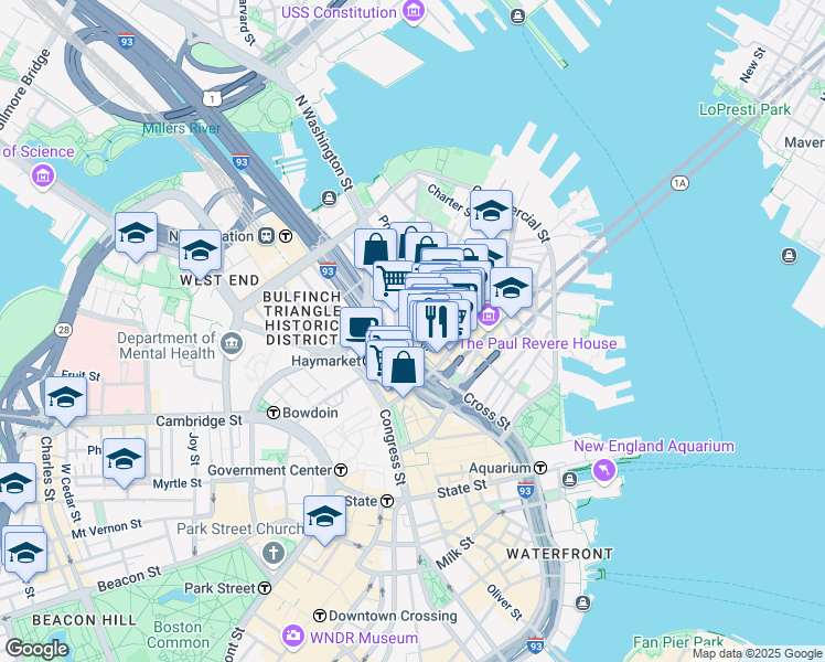 map of restaurants, bars, coffee shops, grocery stores, and more near 36 Salem Street in Boston