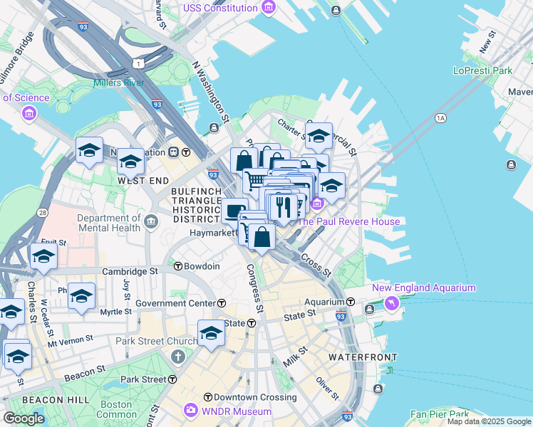 map of restaurants, bars, coffee shops, grocery stores, and more near 36 Salem Street in Boston