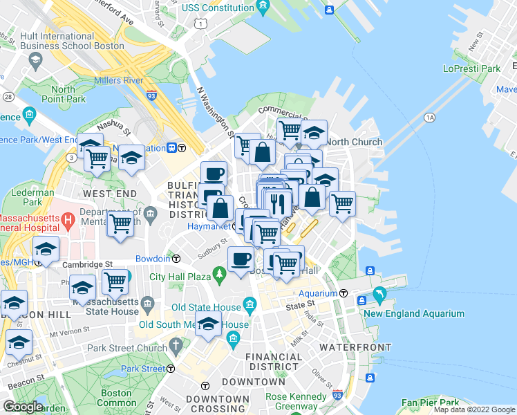 map of restaurants, bars, coffee shops, grocery stores, and more near 36 Salem Street in Boston