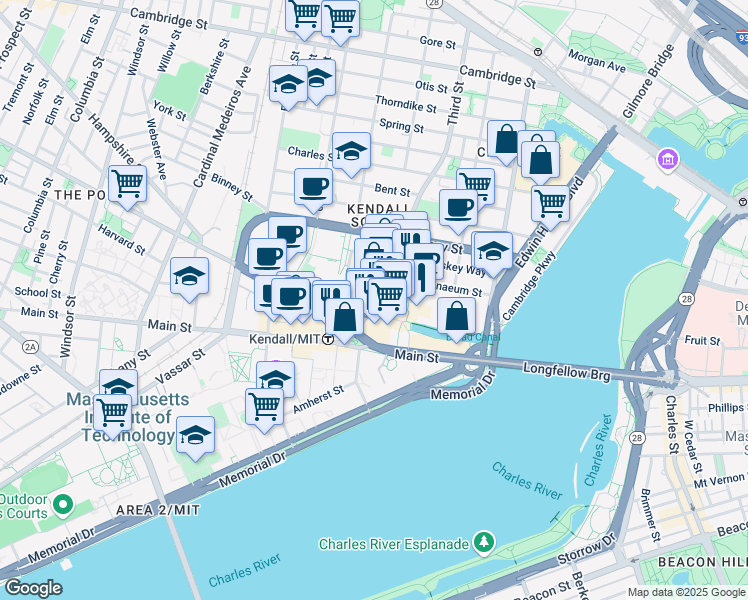 map of restaurants, bars, coffee shops, grocery stores, and more near 1 Broadway in Cambridge