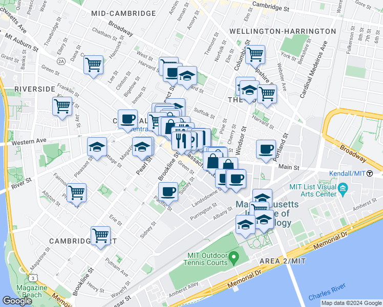 map of restaurants, bars, coffee shops, grocery stores, and more near 378 Massachusetts Avenue in Cambridge