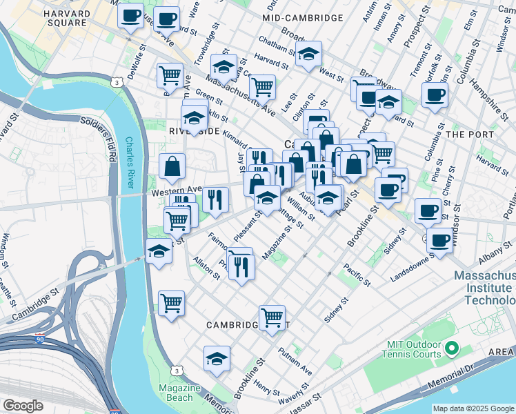 map of restaurants, bars, coffee shops, grocery stores, and more near 30 Upton Street in Cambridge