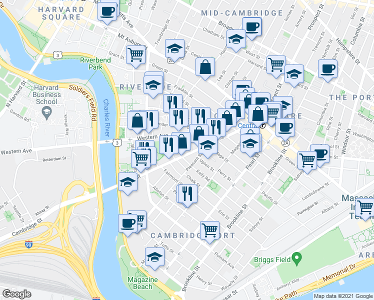 map of restaurants, bars, coffee shops, grocery stores, and more near 17 Laurel Street in Cambridge