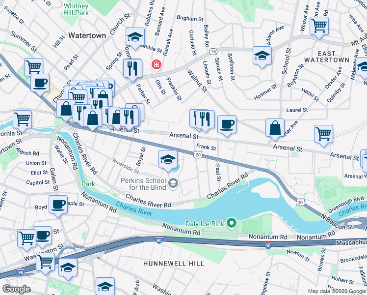 map of restaurants, bars, coffee shops, grocery stores, and more near 168 North Beacon Street in Watertown