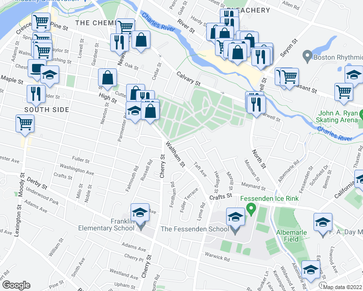 map of restaurants, bars, coffee shops, grocery stores, and more near 82 Taft Avenue in Newton