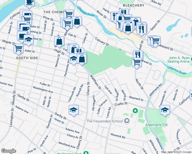 map of restaurants, bars, coffee shops, grocery stores, and more near in Newton