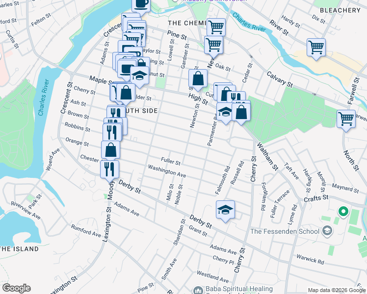 map of restaurants, bars, coffee shops, grocery stores, and more near 48 Fuller Street in Waltham