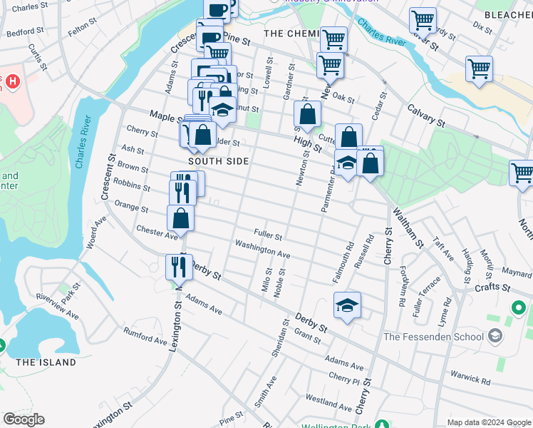 map of restaurants, bars, coffee shops, grocery stores, and more near 48 Fuller Street in Waltham