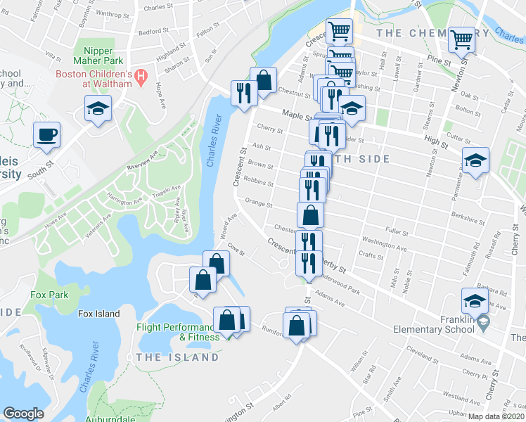 map of restaurants, bars, coffee shops, grocery stores, and more near 334 Crescent Street in Waltham