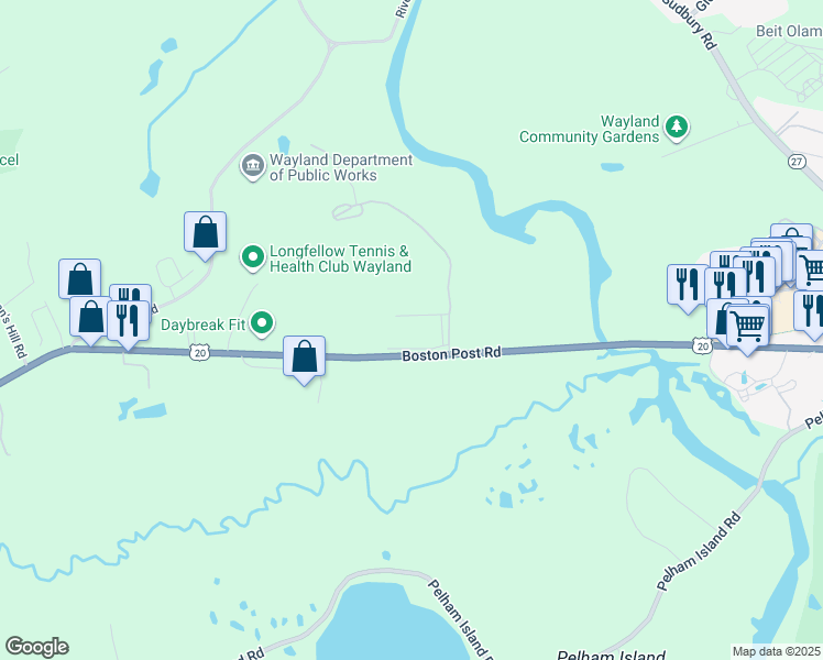 map of restaurants, bars, coffee shops, grocery stores, and more near 484 Boston Post Road in Wayland