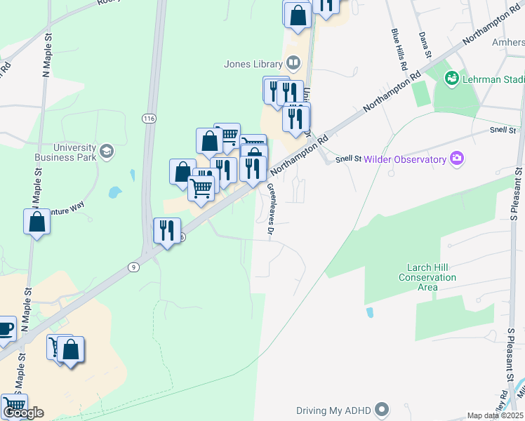 map of restaurants, bars, coffee shops, grocery stores, and more near 14 Greenleaves Drive in Hadley