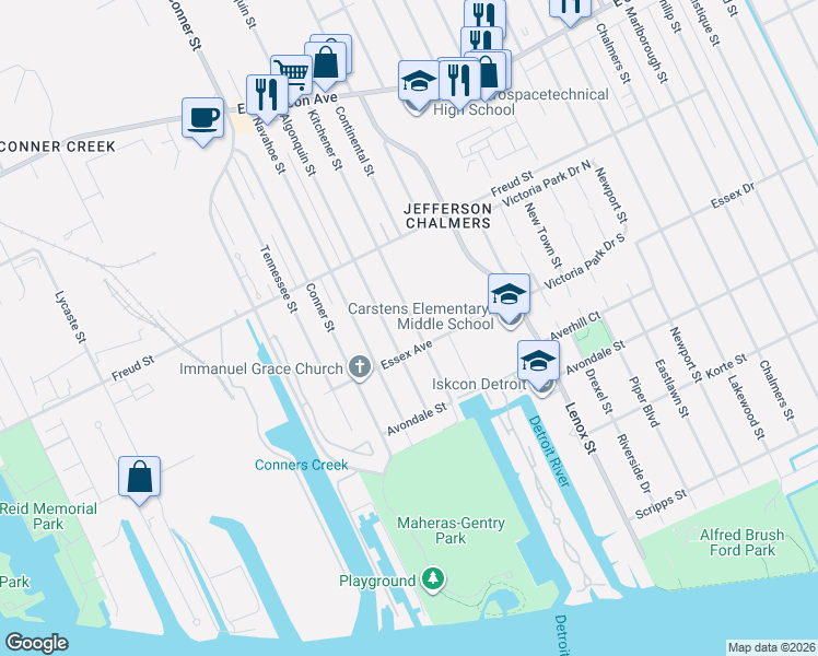 map of restaurants, bars, coffee shops, grocery stores, and more near 497 Kitchener Street in Detroit