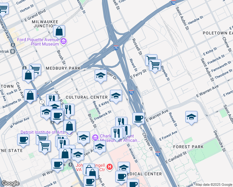 map of restaurants, bars, coffee shops, grocery stores, and more near 630 East Kirby Street in Detroit