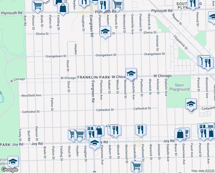map of restaurants, bars, coffee shops, grocery stores, and more near 9300 Auburn Street in Detroit