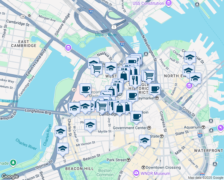 map of restaurants, bars, coffee shops, grocery stores, and more near 1 Longfellow Place in Boston