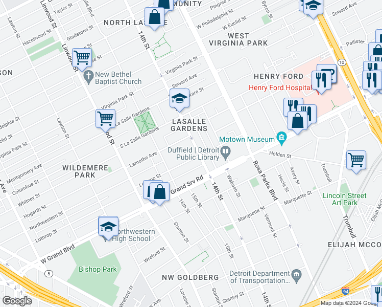 map of restaurants, bars, coffee shops, grocery stores, and more near 2228 Lothrop Ave in Detroit