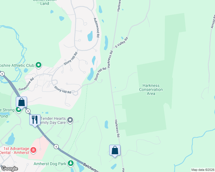 map of restaurants, bars, coffee shops, grocery stores, and more near 340 Harkness Road in Amherst
