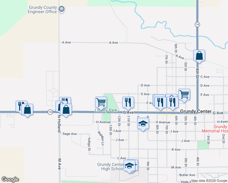 map of restaurants, bars, coffee shops, grocery stores, and more near 12th St in Grundy Center
