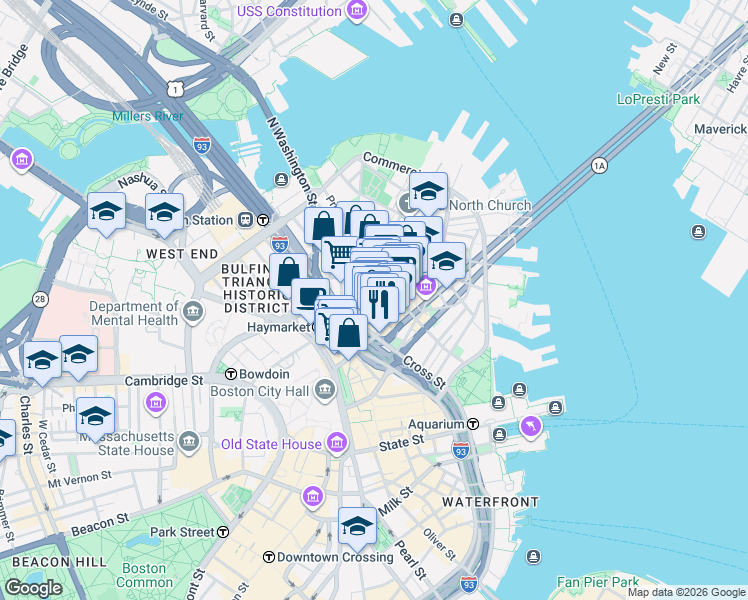 map of restaurants, bars, coffee shops, grocery stores, and more near 36 Cross Street in Boston