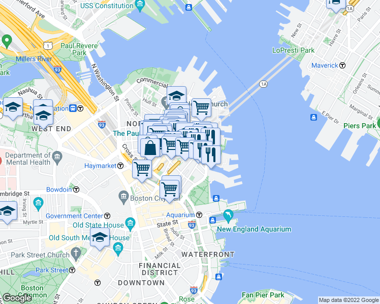 map of restaurants, bars, coffee shops, grocery stores, and more near 1 Commercial Wharf West in Boston