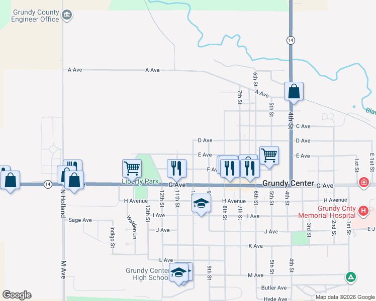 map of restaurants, bars, coffee shops, grocery stores, and more near 500-598 10th Street in Grundy Center