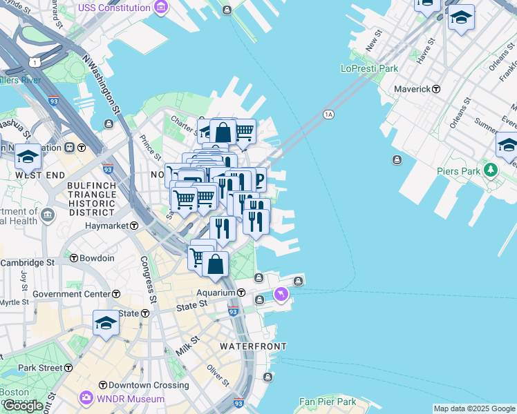 map of restaurants, bars, coffee shops, grocery stores, and more near 2 Atlantic Avenue in Boston