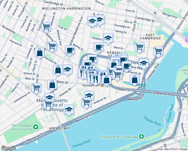 map of restaurants, bars, coffee shops, grocery stores, and more near 90 Broadway in Cambridge