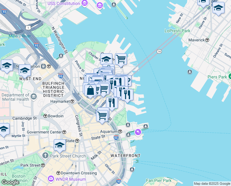 map of restaurants, bars, coffee shops, grocery stores, and more near in Boston